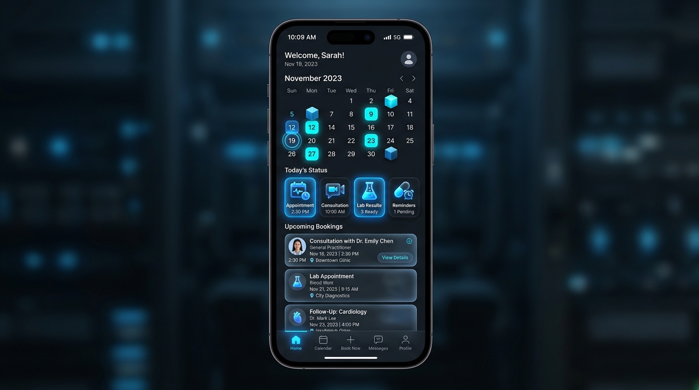 Healthcare mobile booking app UI mockup